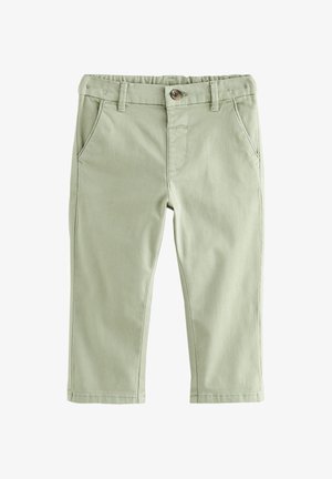 Vaaleanvihreät taaperohousut, joissa nappi- ja vetoketjukiinnitys, vyölenkit ja etuosan sivutaskut valkoisella taustalla.