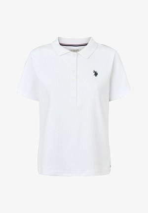 White short-sleeve polo shirt with ribbed texture, a collar, and a three-button placket. Features a small black logo on the chest.