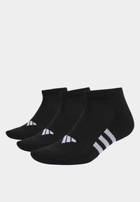 Schwarze Knöchelsocken im 3er-Pack, mit geripptem Bündchen und weißen Streifenakzenten sowie einem Logo an den Seiten. Aus weichem, dehnbarem Material.