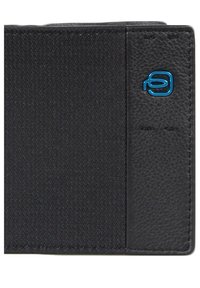 Black wallet featuring a textured leather panel and a smooth, woven fabric section. A blue logo accent is visible on the leather side.