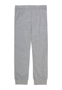 Pantaloni della tuta grigi con vita elastica, caviglie affusolate e un tessuto morbido e testurizzato. Nessun motivo o dettaglio aggiuntivo presente.