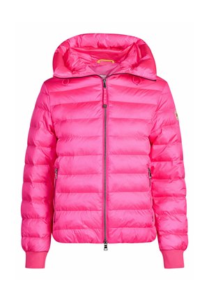 Helles pinkes, gesteppte Steppjacke mit Kapuze, Frontreißverschluss, seitlichen Reißverschlusstaschen und gerippten Bündchen.