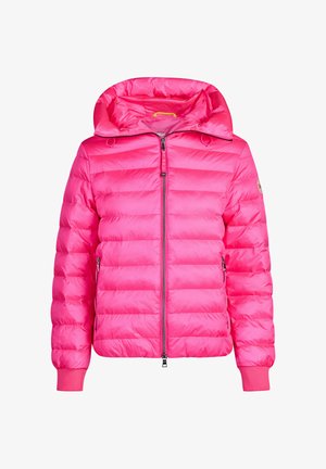 Helles pinkes, gesteppte Steppjacke mit Kapuze, Frontreißverschluss, seitlichen Reißverschlusstaschen und gerippten Bündchen.