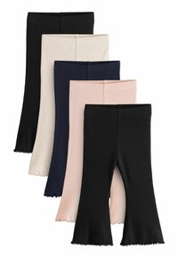 Fem par ribbede leggings i sort, marineblå, lyserød, beige og en sort mere, med flagrende nedre afsnit og en blød tekstur.