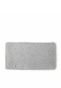 Bandeau en tricot gris fabriqué dans un matériau texturé, avec un léger éclat et un petit accent décoratif en argent.