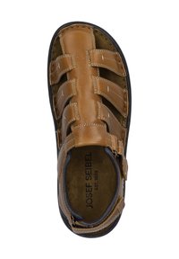 Brown leather sandal with open design, adjustable strap, and stitched accents. Features a cushioned insole and rubber outsole.