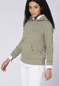 Hooded sweatshirt in olive green cotton blend, featuring a front pocket, ribbed cuffs, and a small embroidered detail on the chest.