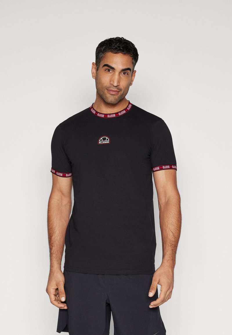 Black short-sleeve t-shirt made of cotton with a round neckline. Red and white branded trim at the collar and sleeves, featuring a small logo.