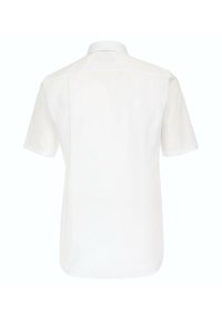Kurze weiße Bluse mit Kragen und geradem Saum. Aus glattem Stoff gefertigt, mit Rückenfalten und ohne sichtbare Beschläge.