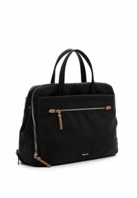 Black nylon bag with dual top handles, silver zip closures, and a front pocket featuring a brown leather accent. Simple, structured design.