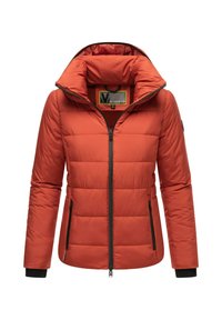 Giacca imbottita di colore arancio ruggine con colletto alto, zip frontale, tasche laterali con zip e polsini a coste neri sulle maniche.