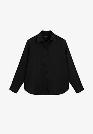 Schwarzes Langarmshirt aus leichtem Material mit durchgehender Knopfleiste, spitzem Kragen und gerundetem Saum.