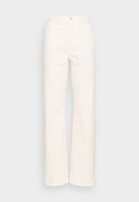 Calças de corduroy crema com silhueta de perna reta, apresentando um design de cinco bolsos e fecho frontal em botão metálico.