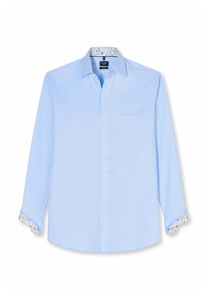 Hellblaues, langärmeliges Hemd mit Knopfleiste, floral gemustertem inneren Kragen und Manschetten, einer Brusttasche und klassischem spitzem Kragen.