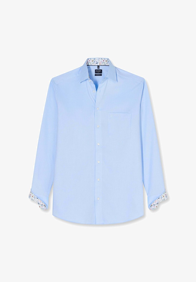 Lichtblauw overhemd met lange mouwen, knopen, bloemenpatroon aan de binnenkant van de kraag en manchetten, een borstzak en een klassieke puntkraag.