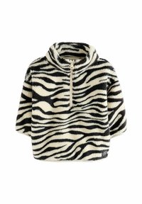 Fleece-Pullover mit Zebra-Muster, hohem Kragen und halbem Reißverschluss. Er besitzt schwarze und cremefarbene Streifen, eine weiche Textur und ein Logo am Saum.