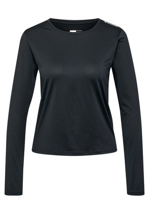 Zwarte longsleeve shirt van textiel met een ademende structuur. Heeft een ronde hals en een logo-detail op de schouder.