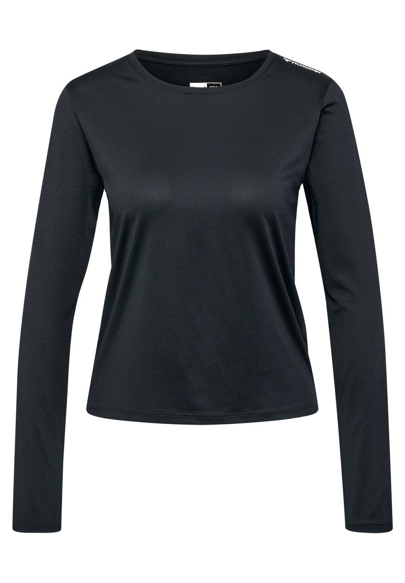 Zwarte longsleeve shirt van textiel met een ademende structuur. Heeft een ronde hals en een logo-detail op de schouder.