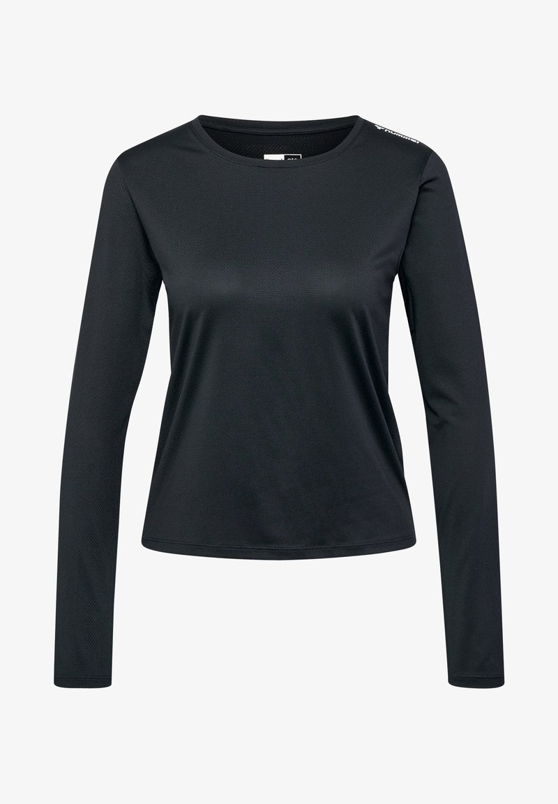 Zwarte longsleeve shirt van textiel met een ademende structuur. Heeft een ronde hals en een logo-detail op de schouder.
