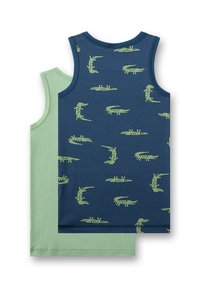 Two tank tops: one green solid color, one navy blue with green crocodile patterns. Both feature wide necklines and sleeveless designs.