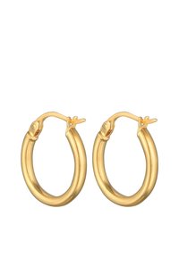 Orecchini a cerchio in oro con un design liscio e arrotondato e un clasp a cerniera sicuro. Presentano una finitura lucida e una forma circolare continua.
