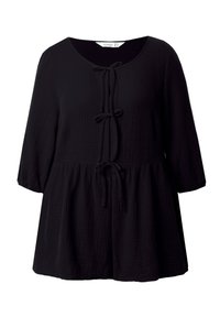 Black blouse with a relaxed fit, 3/4 sleeves, scoop neckline, and front ties. Textured fabric with a layered, flared design.