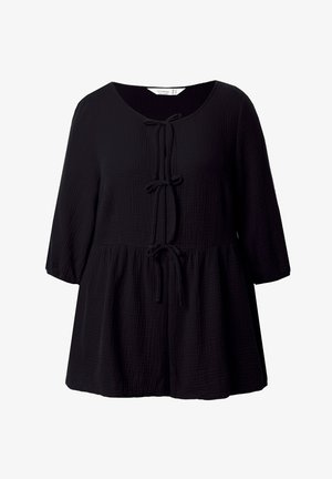 Schwarze Bluse mit lockerer Passform, 3/4-Ärmeln, Rundhalsausschnitt und vorderen Bindebändern. Strukturierter Stoff mit einem geschichteten, ausgestellten Design.