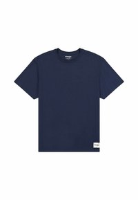T-shirt a maniche corte blu navy con scollo rotondo realizzato in cotone. Presenta un piccolo etichetta con il logo Wrangler in basso a sinistra. Colore uniforme, senza motivi.