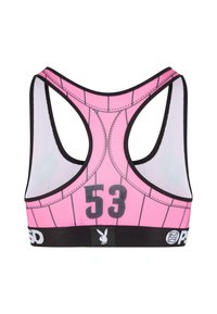 Roza športna modrček z dizajnom racerback, ki vsebuje natisnjene črte, številko 53 in črn elastik z logotipnimi poudarki.