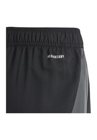 Schwarze Sportshorts mit gerippter Textur, ausgestattet mit einem grauen Seitenpanel und einem elastischen Bund. Das "AEROREADY"-Logo in Weiß ist sichtbar.