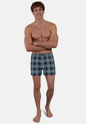 Boxershort in een ruitpatroon, met blauw, marineblauw en lichtgroene kleuren, gemaakt van zacht materiaal met een knoopsluiting aan de voorkant en een elastische tailleband.
