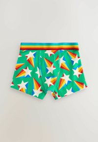 Zelene bokserice s živopisnim dizajnom zvijezda i duge. Elastična traka u struku sa naizmjeničnim plavim, zelenim i crvenim prugama. Glatka tkanina.