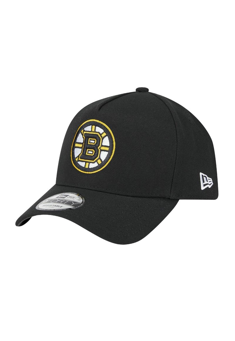 Casquette de baseball noire avec logo brodé des Boston Bruins en jaune et blanc, visière incurvée et tissu texturé. Taille ajustable.