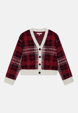 Cardigan a quadri rossi e bianchi con scollatura a V, silhouette corta, bottoni neri e polsini a coste, realizzato in morbido tessuto lavorato a maglia.