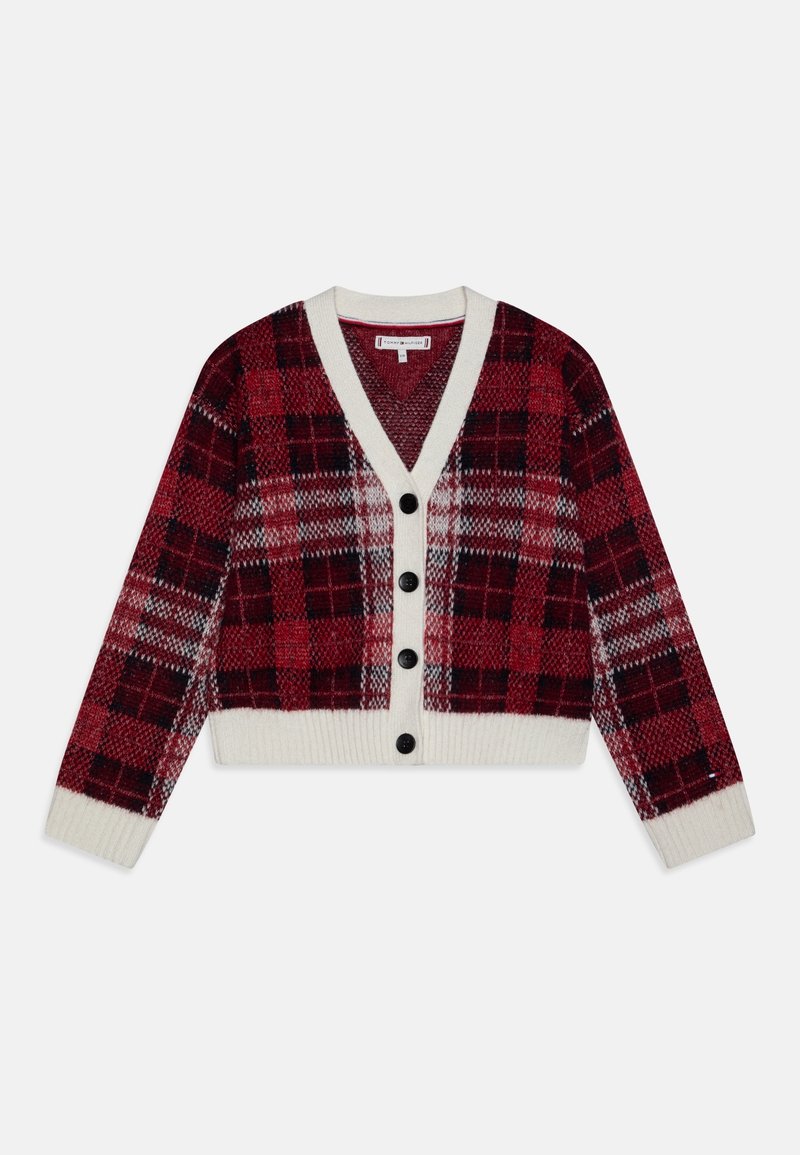 Cardigan à carreaux rouges et blancs avec un décolleté en V, une silhouette courte, des boutons noirs et des poignets côtelés, fabriqué en tissu tricot doux.