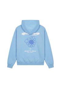 Sweat à capuche bleu clair avec capuche, comprenant un graphisme abstrait de fleur blanc et bleu et le texte "READY TO WEAR NEW CLASSICS" au dos.