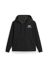 Sudadera negra de algodón con un interior suave. Tiene un bolsillo frontal, capucha con cordón y un logo blanco de "vans off the wall".