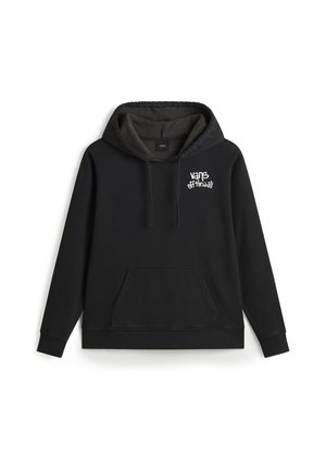 Black hoodie made of cotton with a soft interior. Features a front pocket, drawstring hood, and a white "vans off the wall" logo.