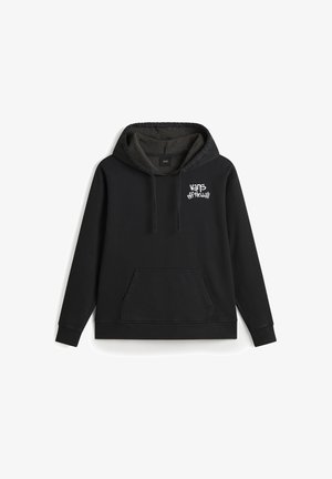 Schwarzer Kapuzenpullover aus Baumwolle mit einem weichen Innenfutter. Verfügt über eine Fronttasche, eine Kordelzugkapuze und ein weißes "Vans off the wall"-Logo.