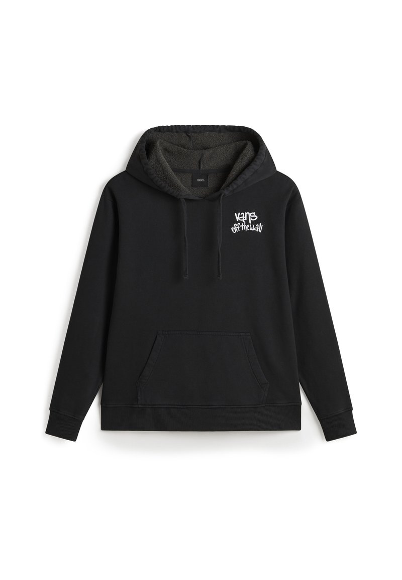 Sudadera negra de algodón con un interior suave. Tiene un bolsillo frontal, capucha con cordón y un logo blanco de "vans off the wall".