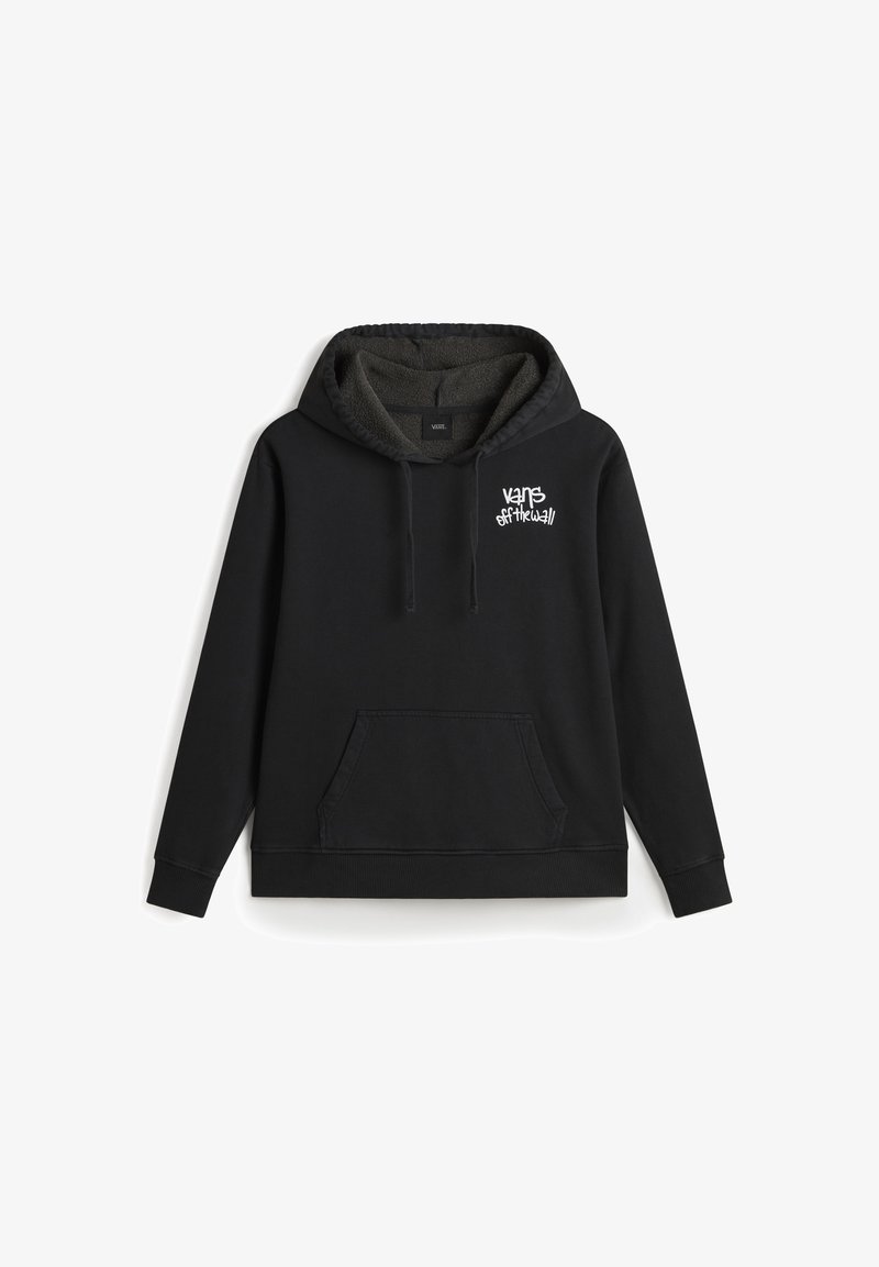 Sudadera negra de algodón con un interior suave. Tiene un bolsillo frontal, capucha con cordón y un logo blanco de "vans off the wall".