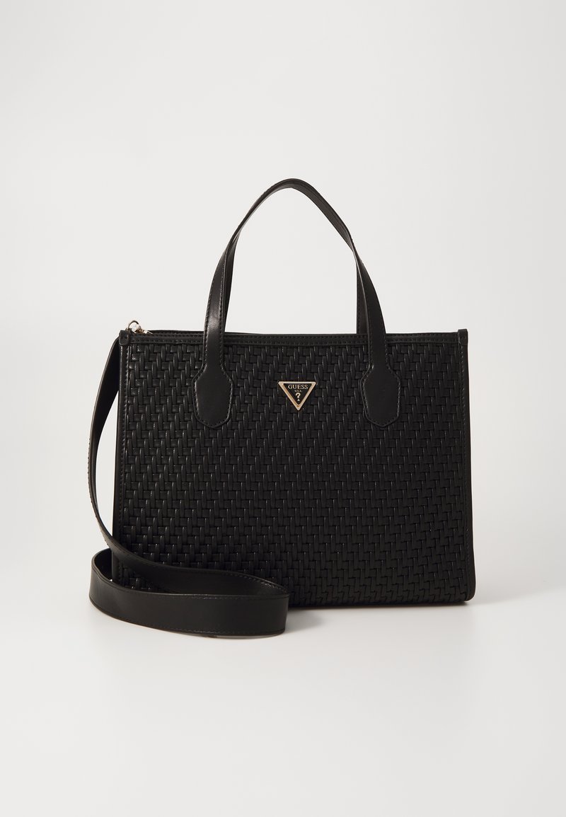 Schwarze gewebte Handtasche mit glatten Lederakzenten, doppelten oberen Griffen und einem abnehmbaren Schultergurt. Verfügt über eine dreieckige Logo-Plakette.