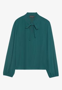 Blouse longue turquoise à col froncé et détail en lien au cou. Tissu doux avec des poignets élastiques. Coupe droite et design minimaliste.