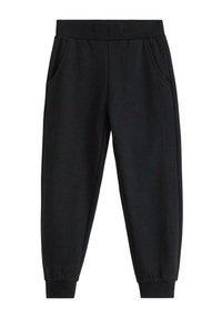 Svarte joggingbukser med elastisk taljebånd, to sidelommer og smalle manchetter. Fremstillet af et blødt stof med en glat overflade.