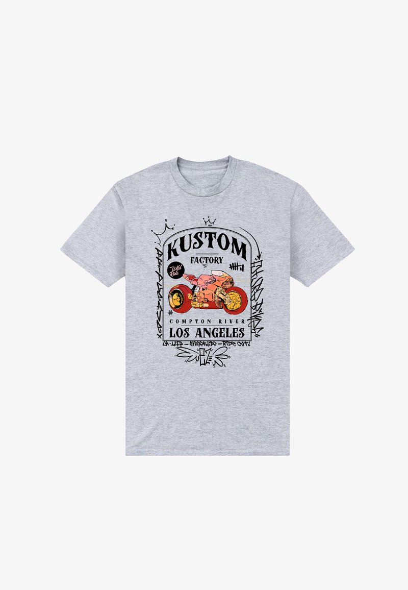 Šedé tričko s krátkým rukávem s grafickým potiskem motocyklu, textem a dekorativními vzory listů v černé barvě a barevnými akcenty.