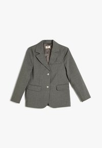 Grijze blazer van een gestructureerde stof, met een geknipt kraag, twee frontzakken en twee zilveren knopen aan de voorkant.