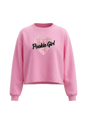 Lyserød hættetrøje med lange ærmer og ribkanter, med et lyserødt ternet hjerte og teksten "Pookie Girl" i sort på forsiden.