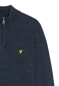 Maglione zip-up blu navy realizzato in tessuto testurizzato, con colletto alto e un piccolo logo di aquila gialla sul lato sinistro del petto.
