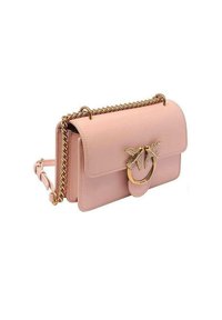 Borsa a tracolla in pelle rosa con chiusura a pattina, tracolla in catena dorata e un anello decorativo con accenti di uccelli sul fronte. Texture liscia.