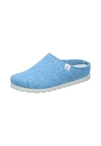 Blue felt slipper with a rounded toe, open back, and white rubber sole featuring a textured pattern, suitable for indoor use.